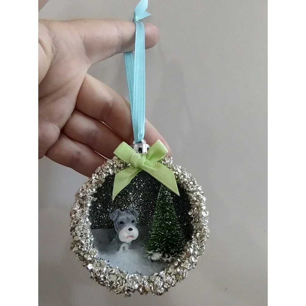 Dog Christmas Ornament Handmade Vtg Style OOAK Shatterproof Schnauzer Diorama O7